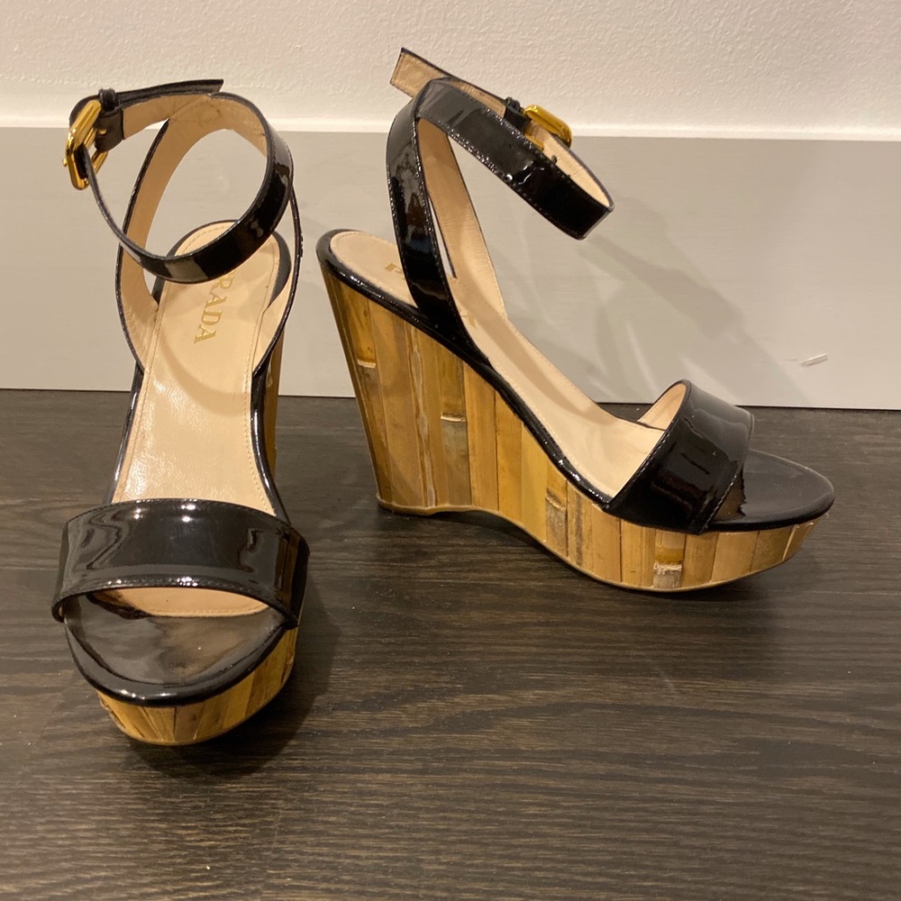 Prada Black Patent Leather Bamboo Wedges